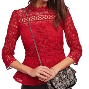 Moulinette Soeurs Anthropologie Tamera Red Lace Blouse Size 10